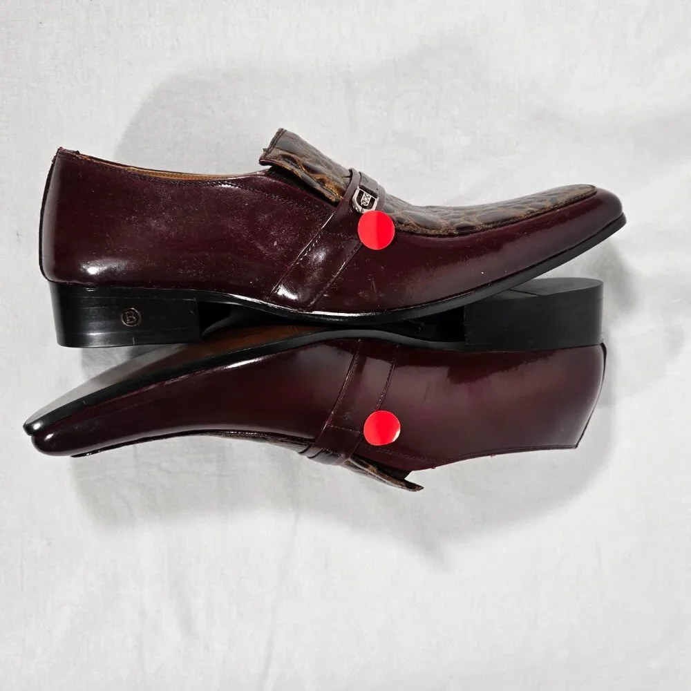 Vintage BALLY Rockabilly Red Wine Patent Leather Brown Crocodile Loafers Size 9B